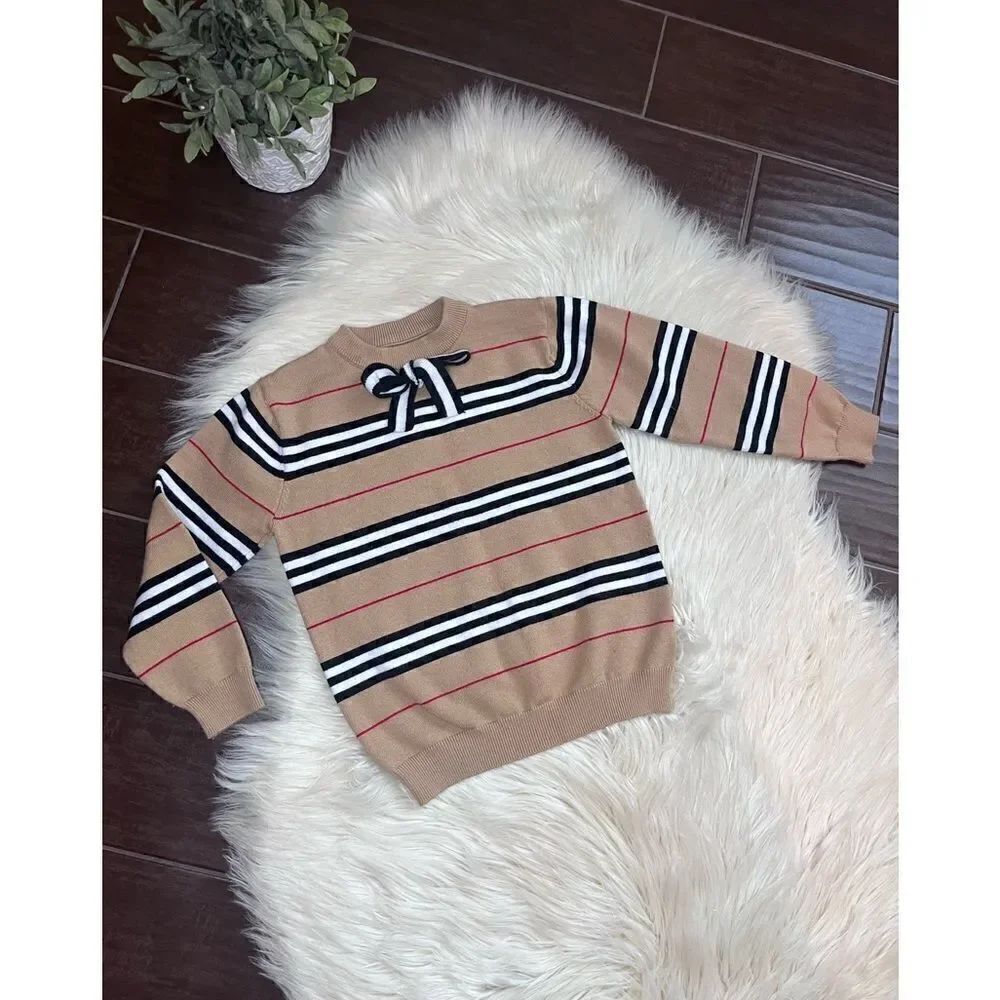 Girls striped printed beige/black/burgundy/ white striped bow tie sweater